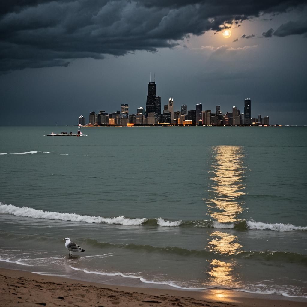 Chicago Skyline Nightscape Under Stormy Skies