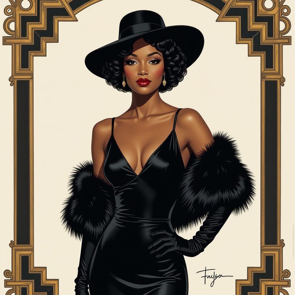 Art Deco Portrait of Woman in Oil and Ink