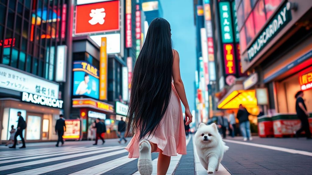 Tokyo Street Scene: Asian Woman and Dog in Pop Art Style