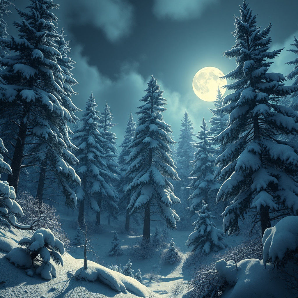 Ethereal Snowy Forest Scene in Vibrant Colors