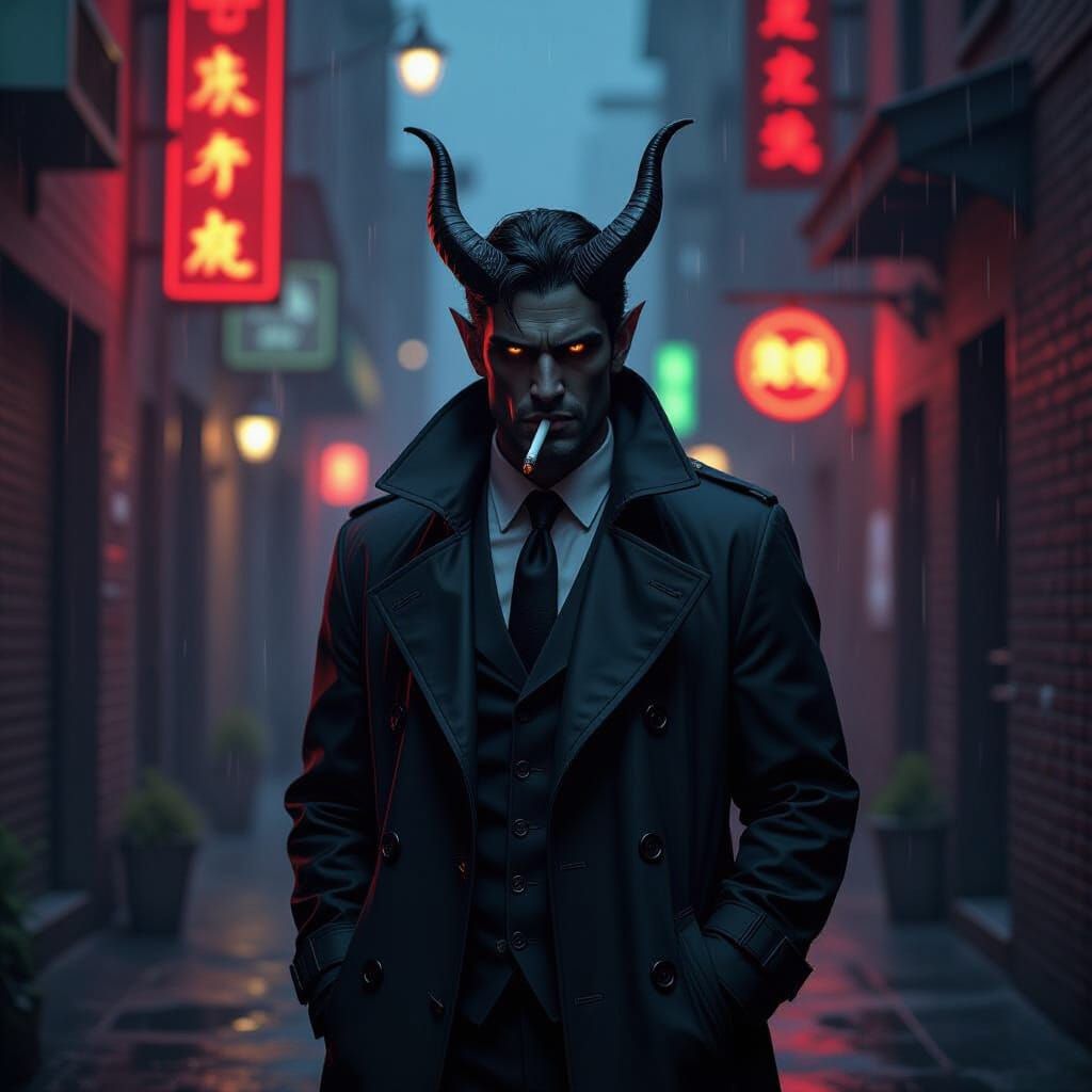 Noir Tiefling Detective in Rain-Slicked Alleyway
