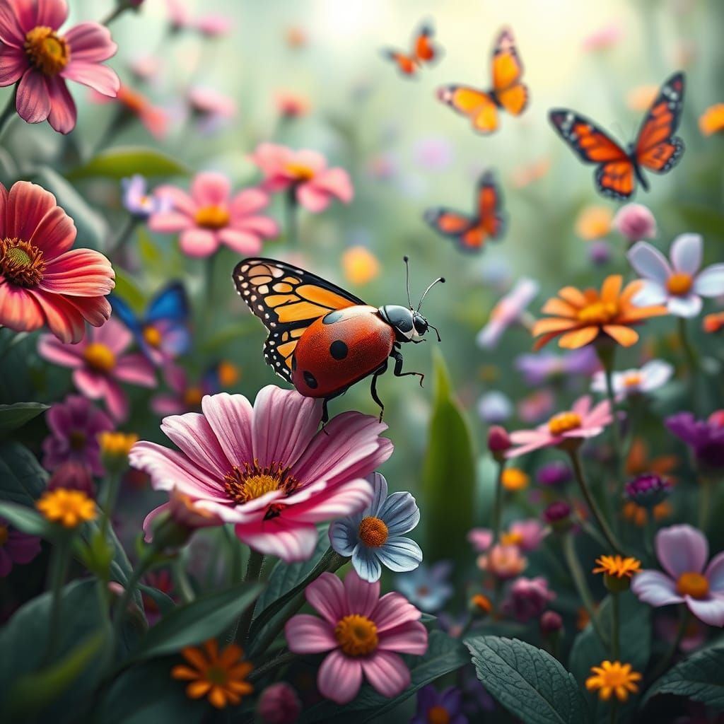 Whimsical Lovebug in a Vibrant Fantasy Garden