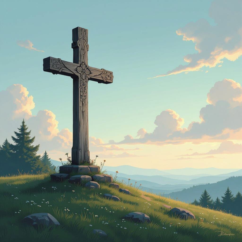 Serene Cross on Hill in Style of Medieval Masters