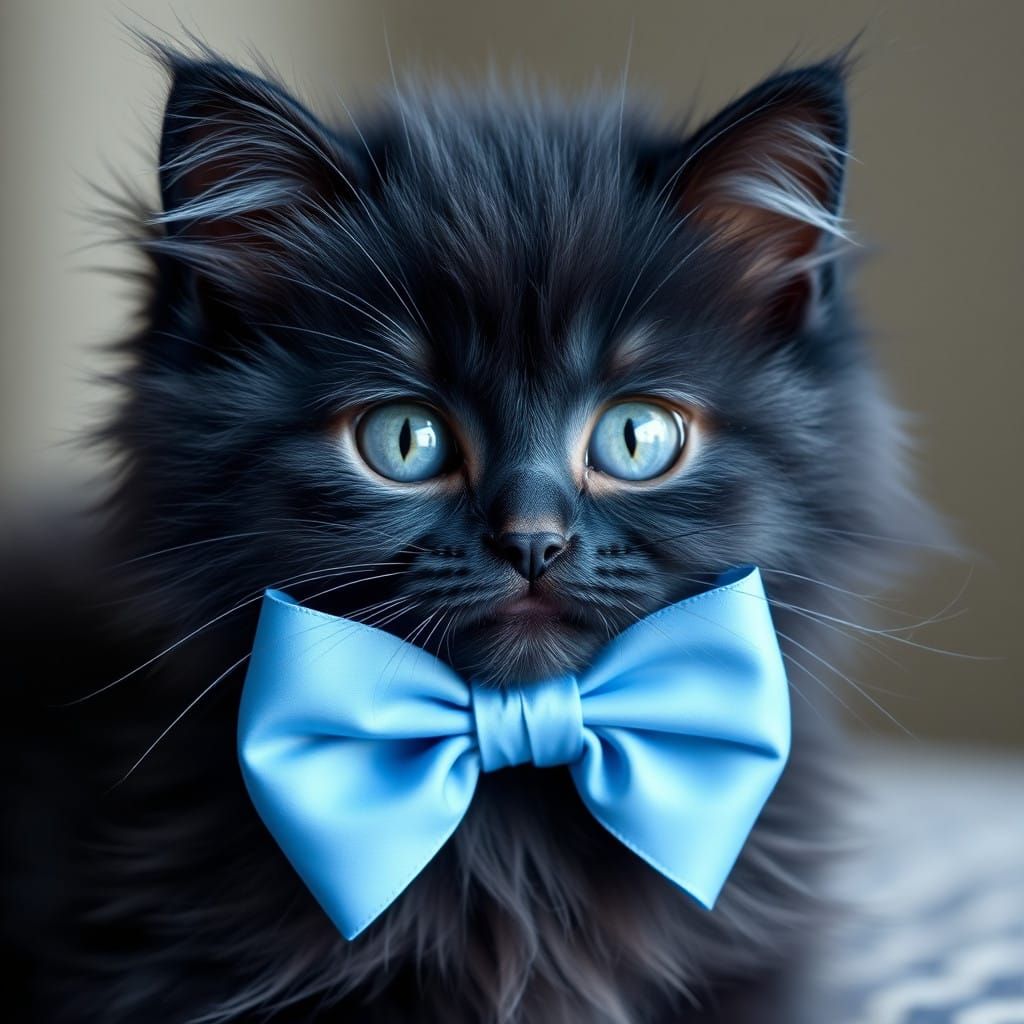 Feline in Midnight Blue with Vibrant Blue Ribbon