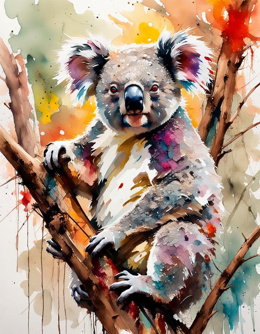 Furry Koala in Expressionist Watercolor Outback