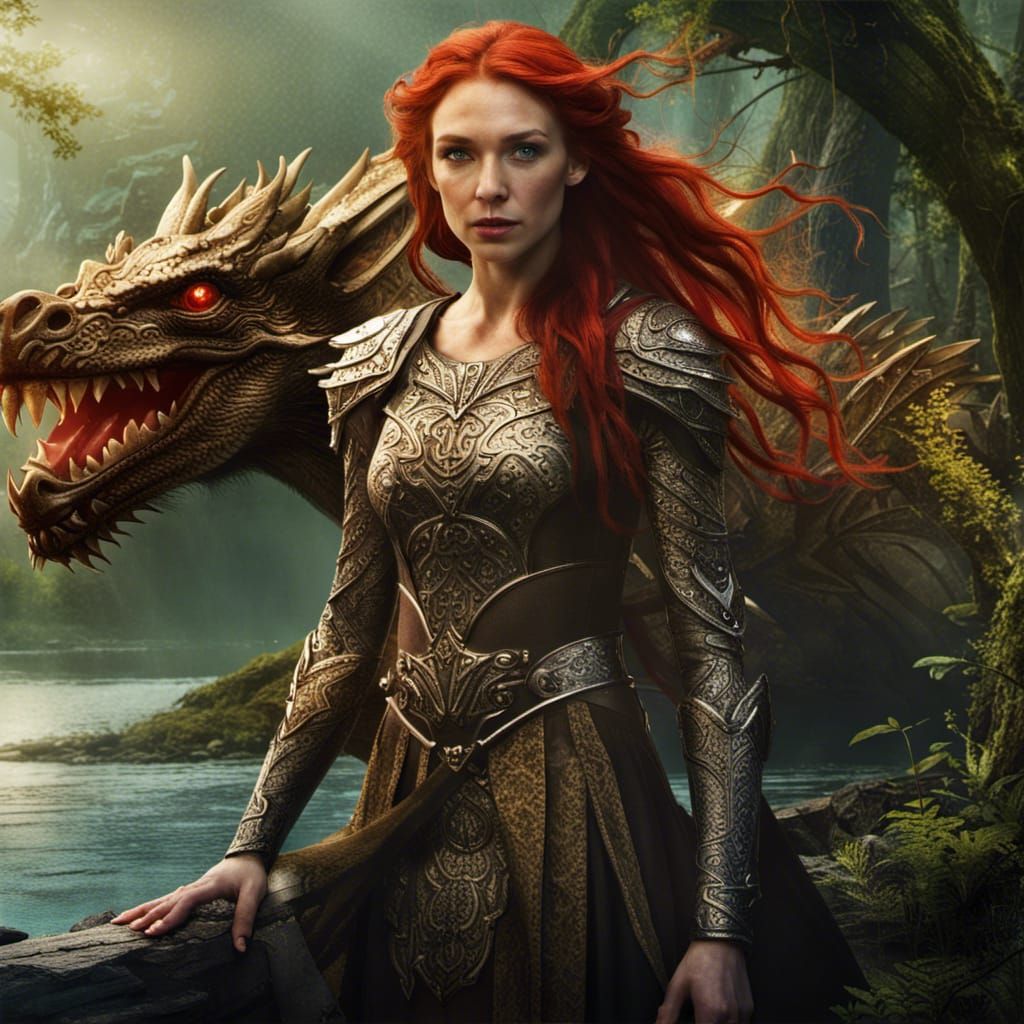 Elven Warrior Princess with Dragon in Fantasy Forest