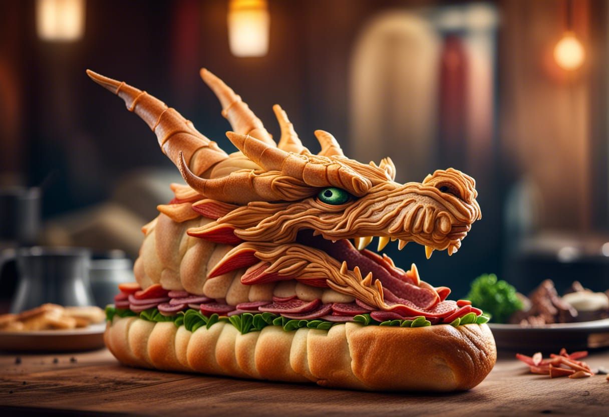 Hyperrealistic Dragon Bread Meat Sandwich