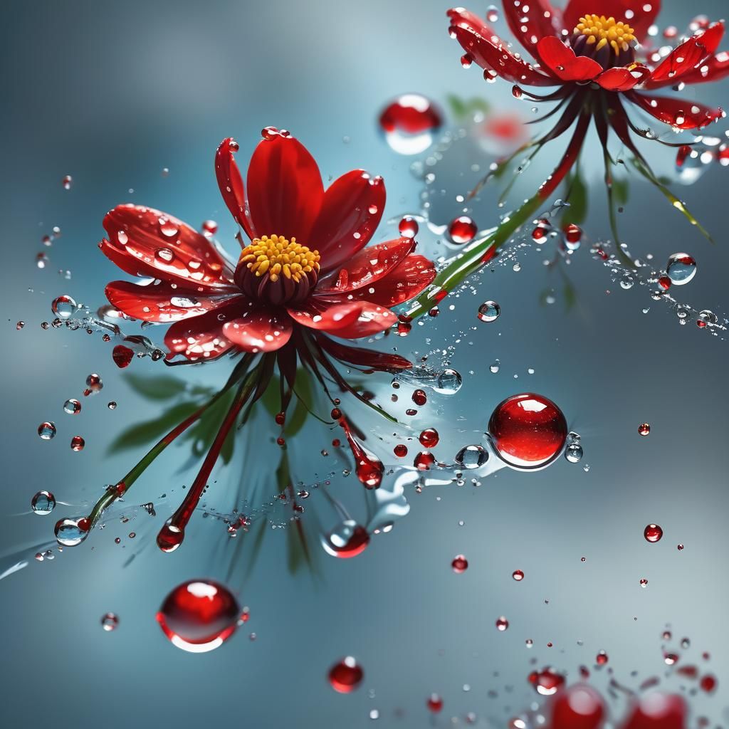Red Flowers with Water Droplets: Hyperrealistic Macro