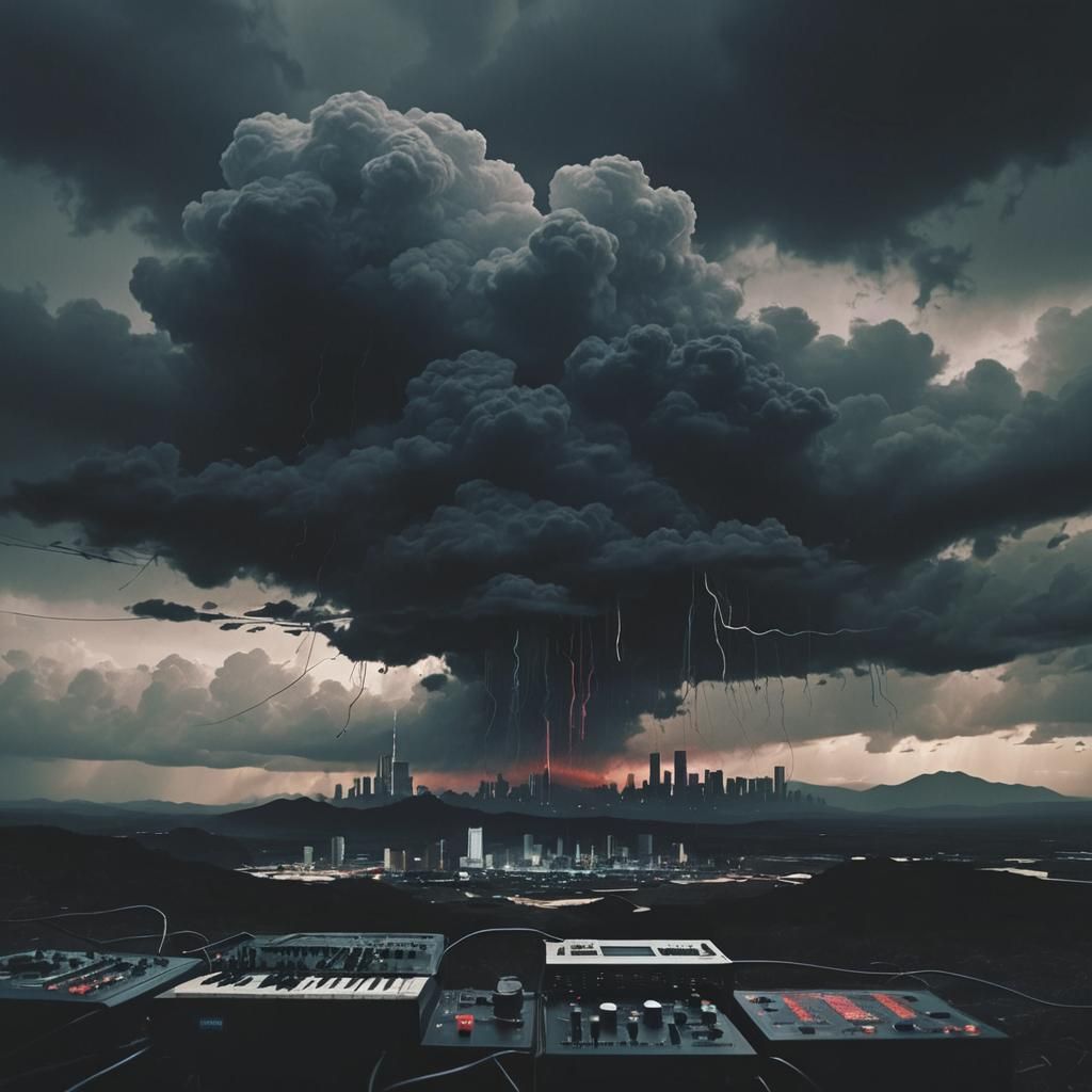 Ambient Album Cover with Glitch Art and Dark Clouds