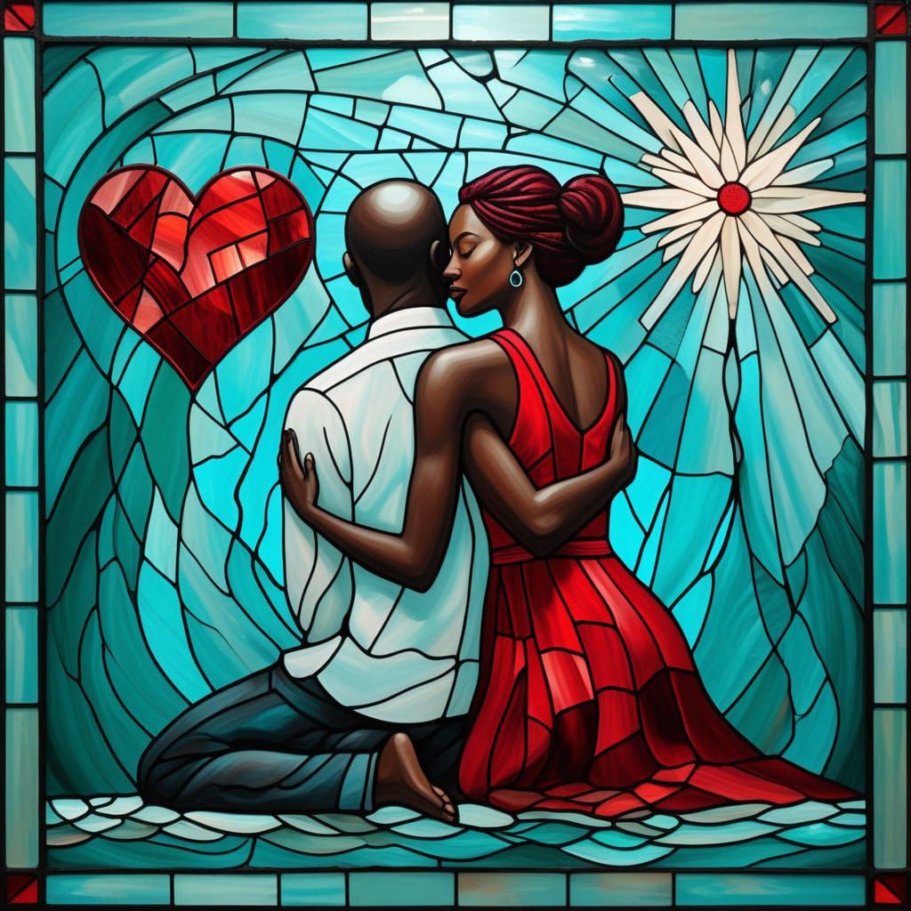 Surreal Stained-Glass Scene of Connection and Love