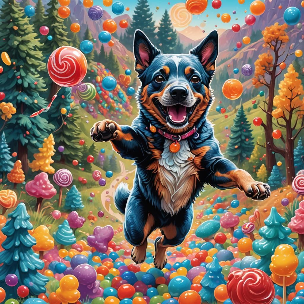Happy Blue Heeler in a Candy World