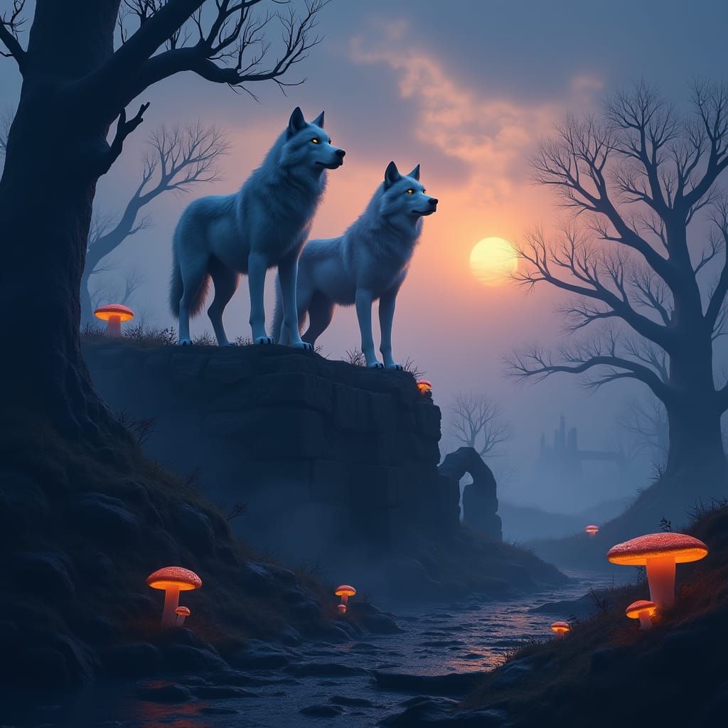 Wolves on Ancient Ruins in Mystic Forest