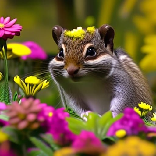 Chipmunk and Spring Flowers