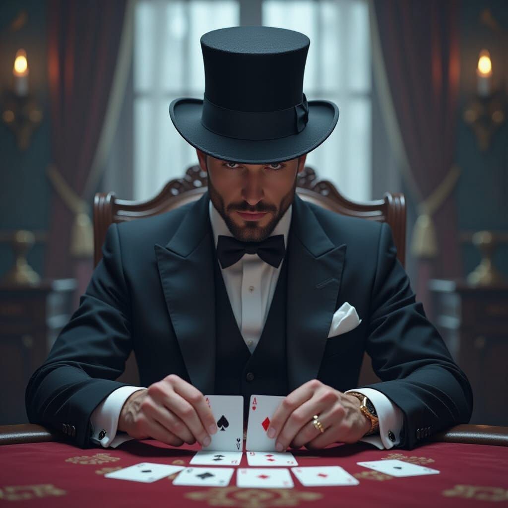 Man in Top Hat Divides Cards in Mystical Atmosphere