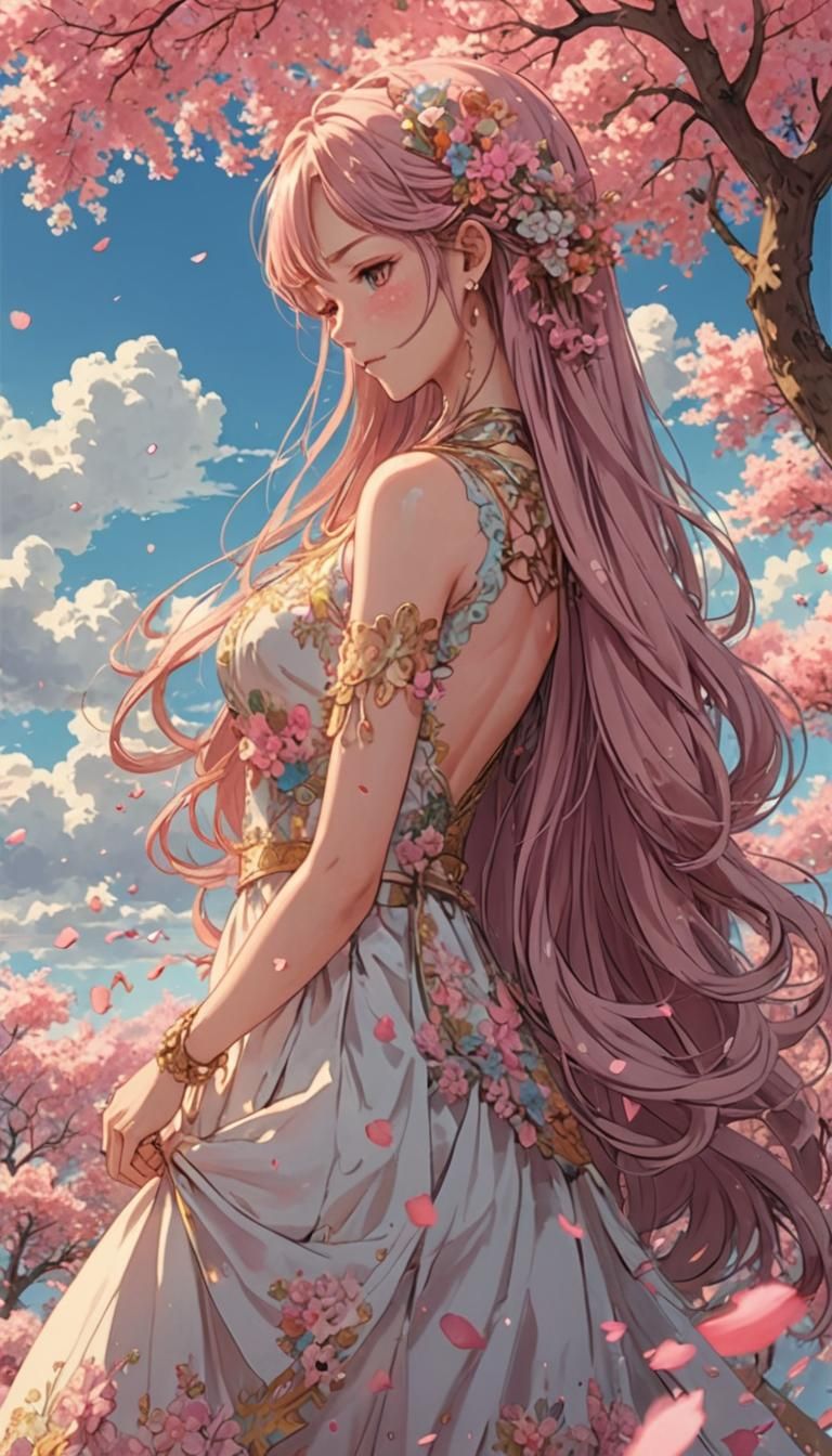 Anime Beauty in a Shower of Falling Petals