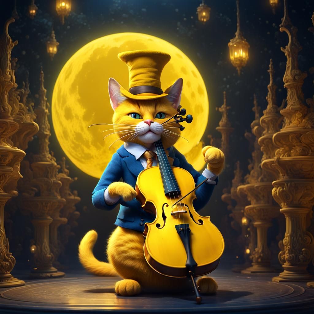 Yellow Cat Plays Violin in Fantasy Art Style
