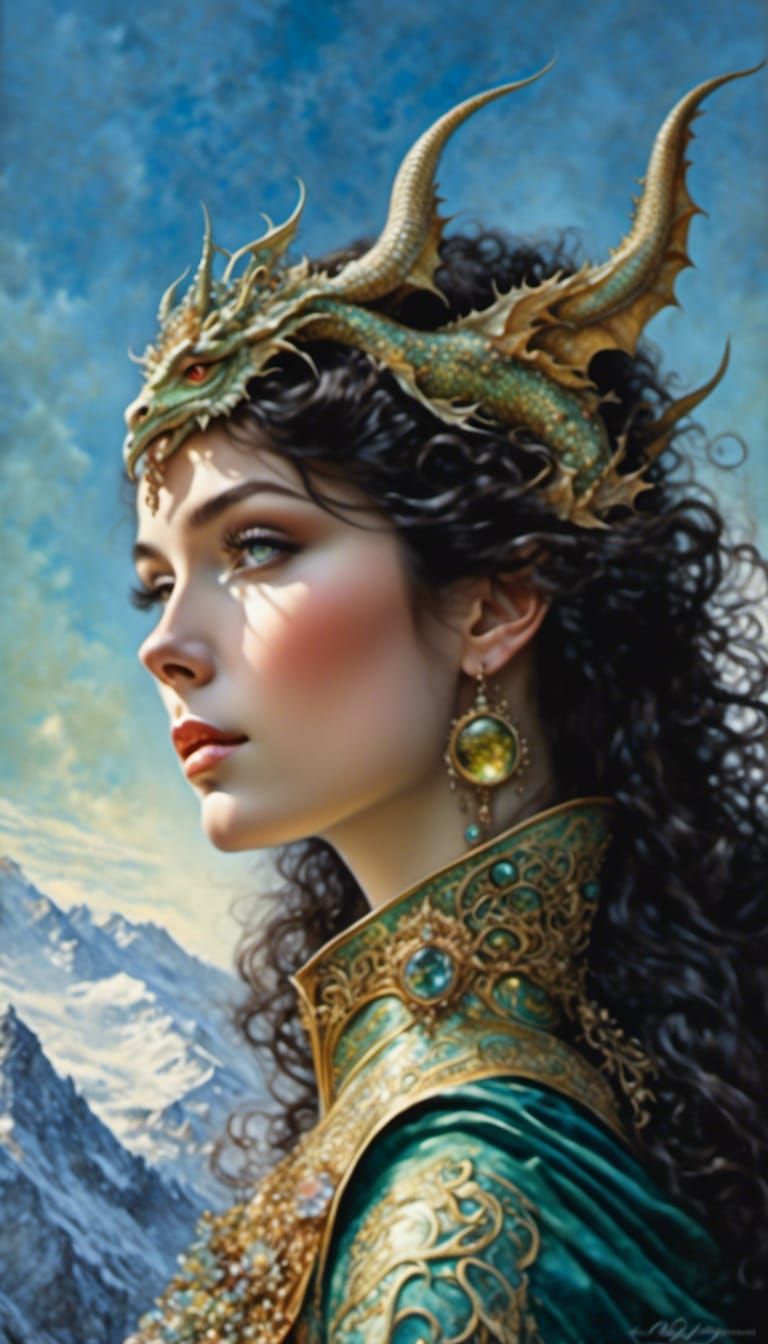 Dragonborn on Mountain in Art Nouveau Watercolor