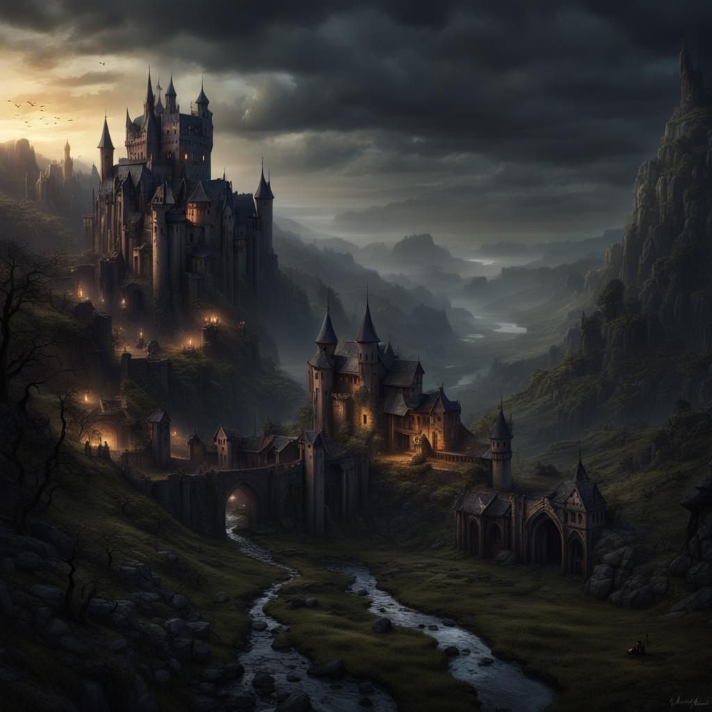 Dark Fantasy Hamlet Beneath Gothic Castle