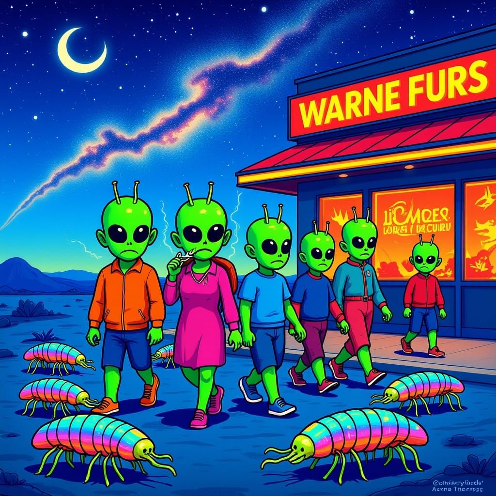 Alien Families Socializing in a Neon-Lit Future