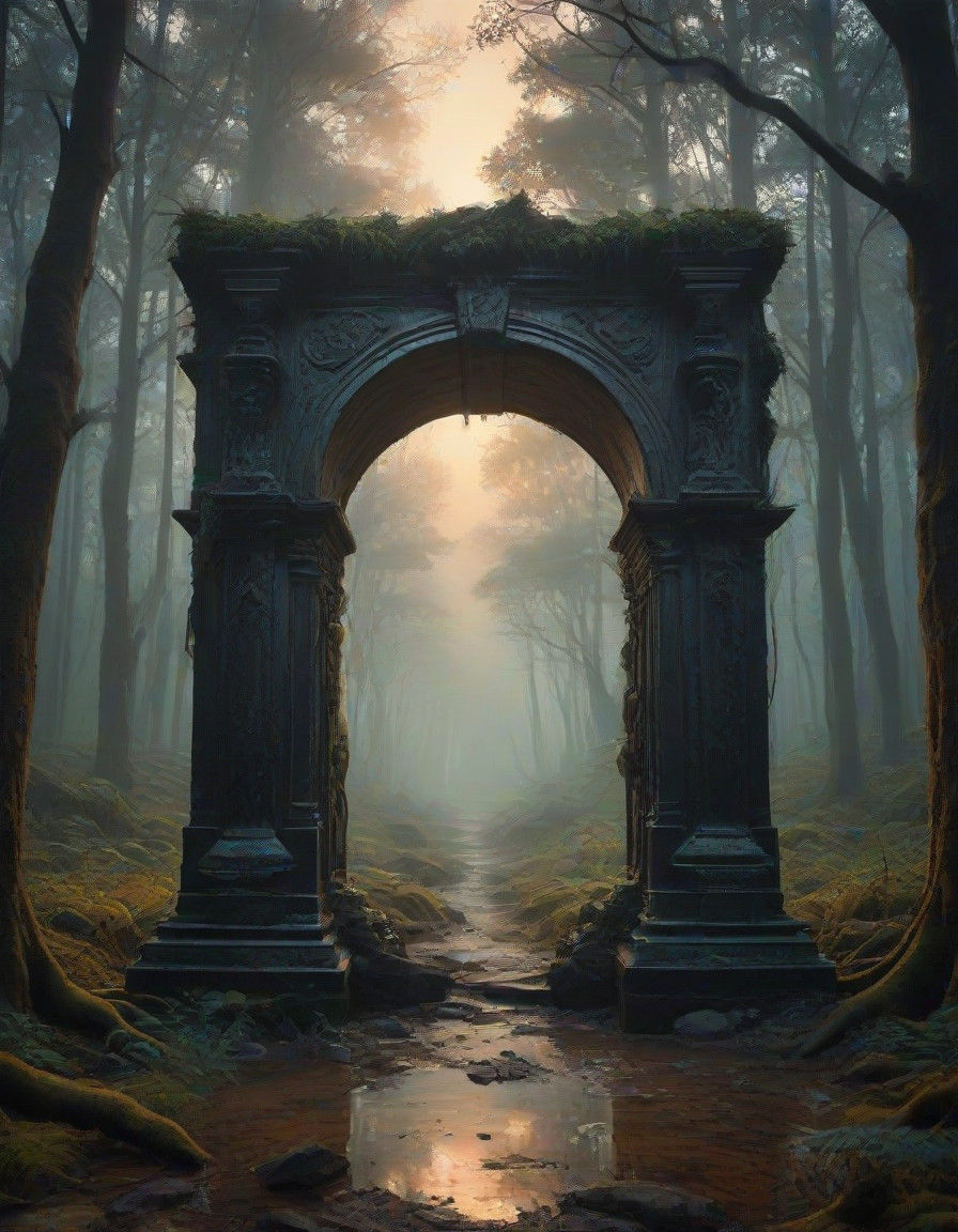 Surreal Portal in a Dark Forest Scene