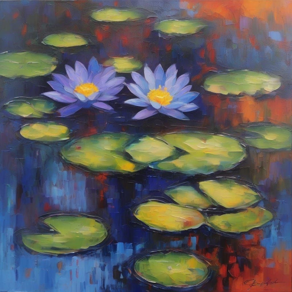 Expressionist Waterlilies in Midnight Blue Abstract Art