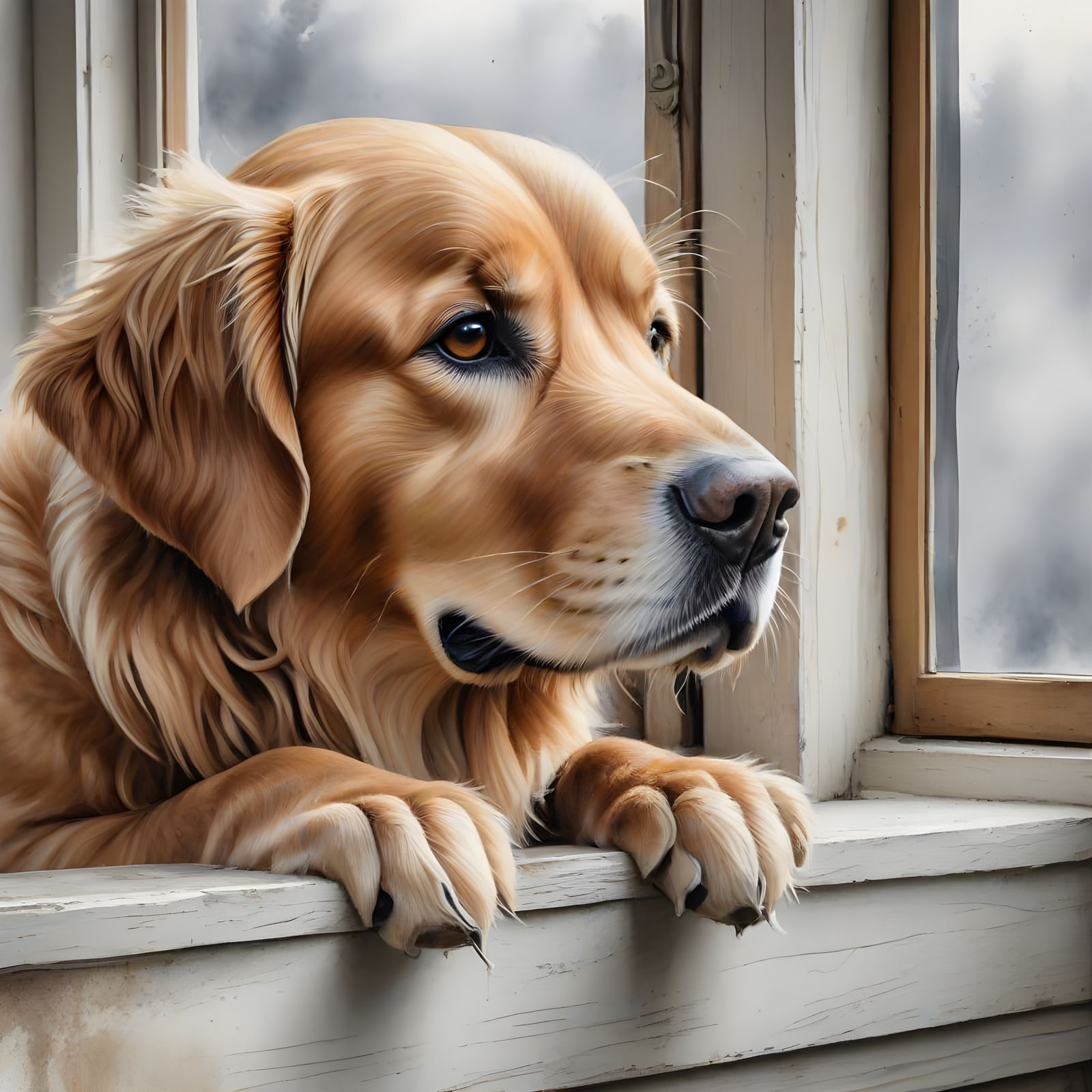 Golden Retriever Window View in Watercolor Style