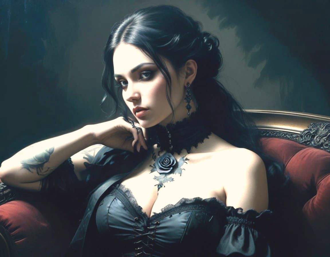 Ethereal Gothic Beauty Showcases Black Rose Tattoo