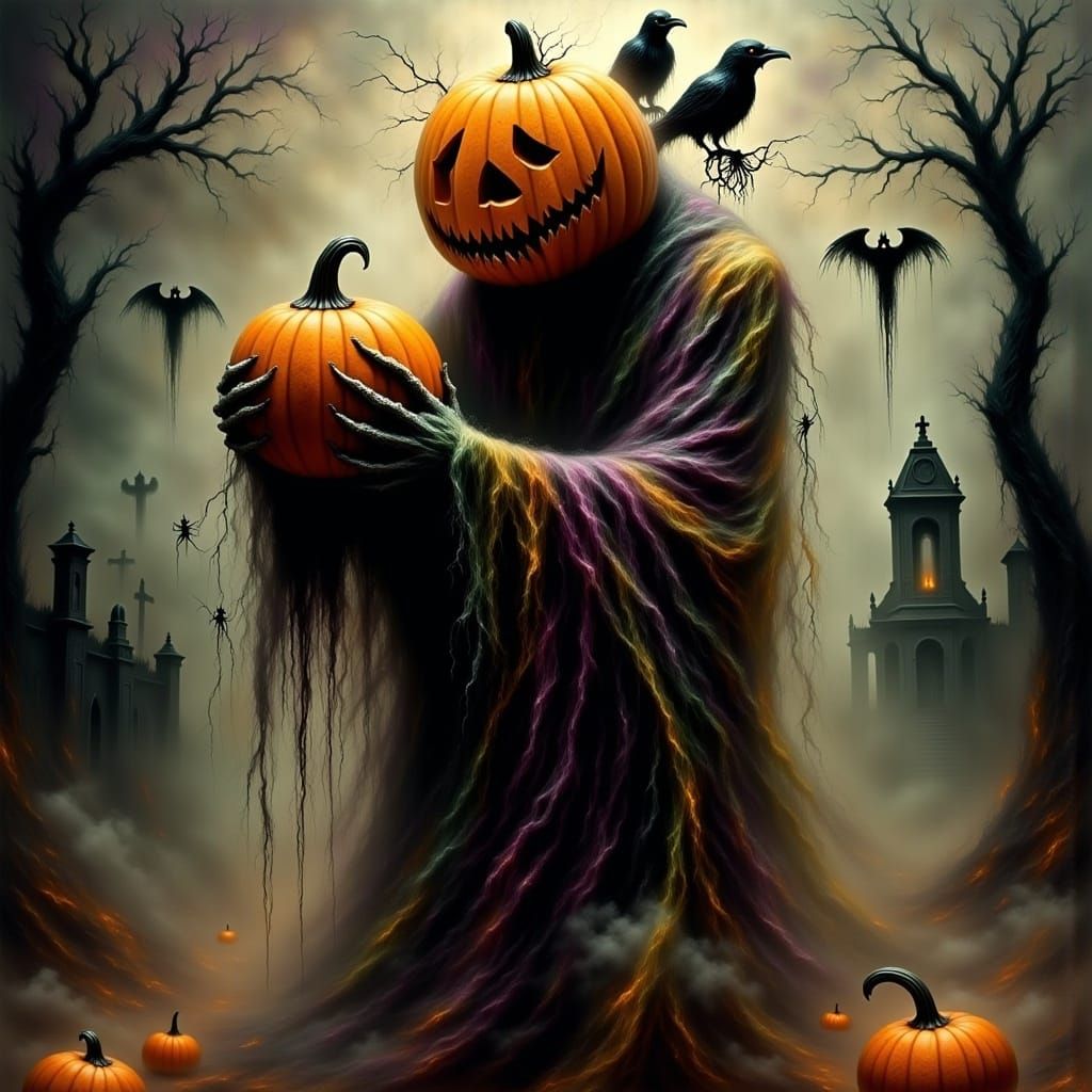 Eerie Headless Pumpkin Figure in Graffiti Art Style