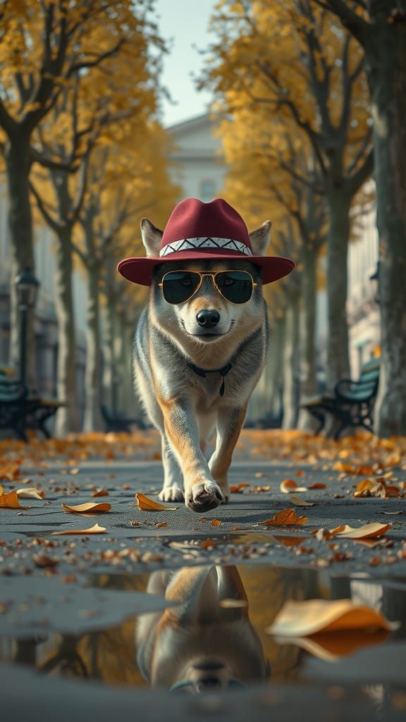 Stylish Wolf in Fedora and Sunglasses on Autumn Path