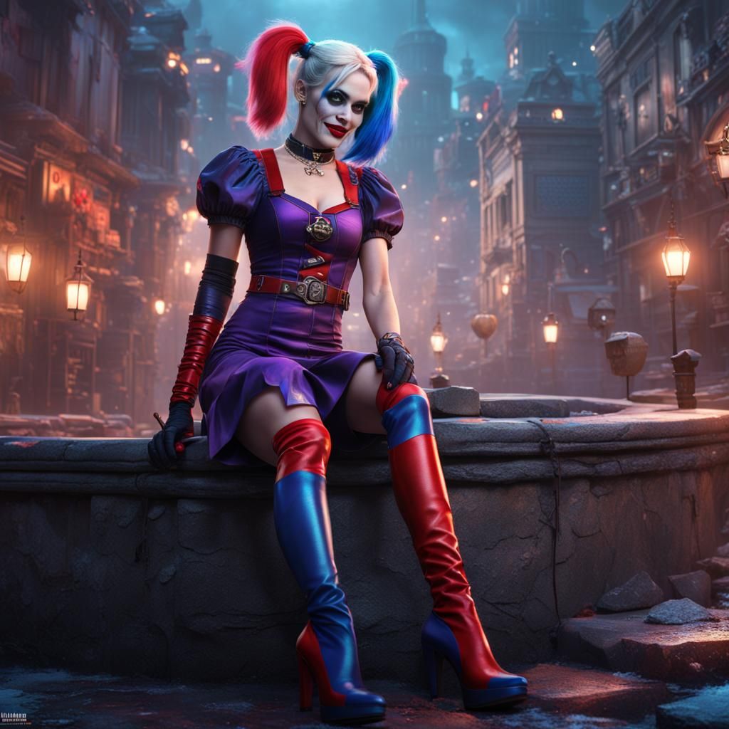 Harley Quinn in Red and Blue Dress: Detailed Matte Painting