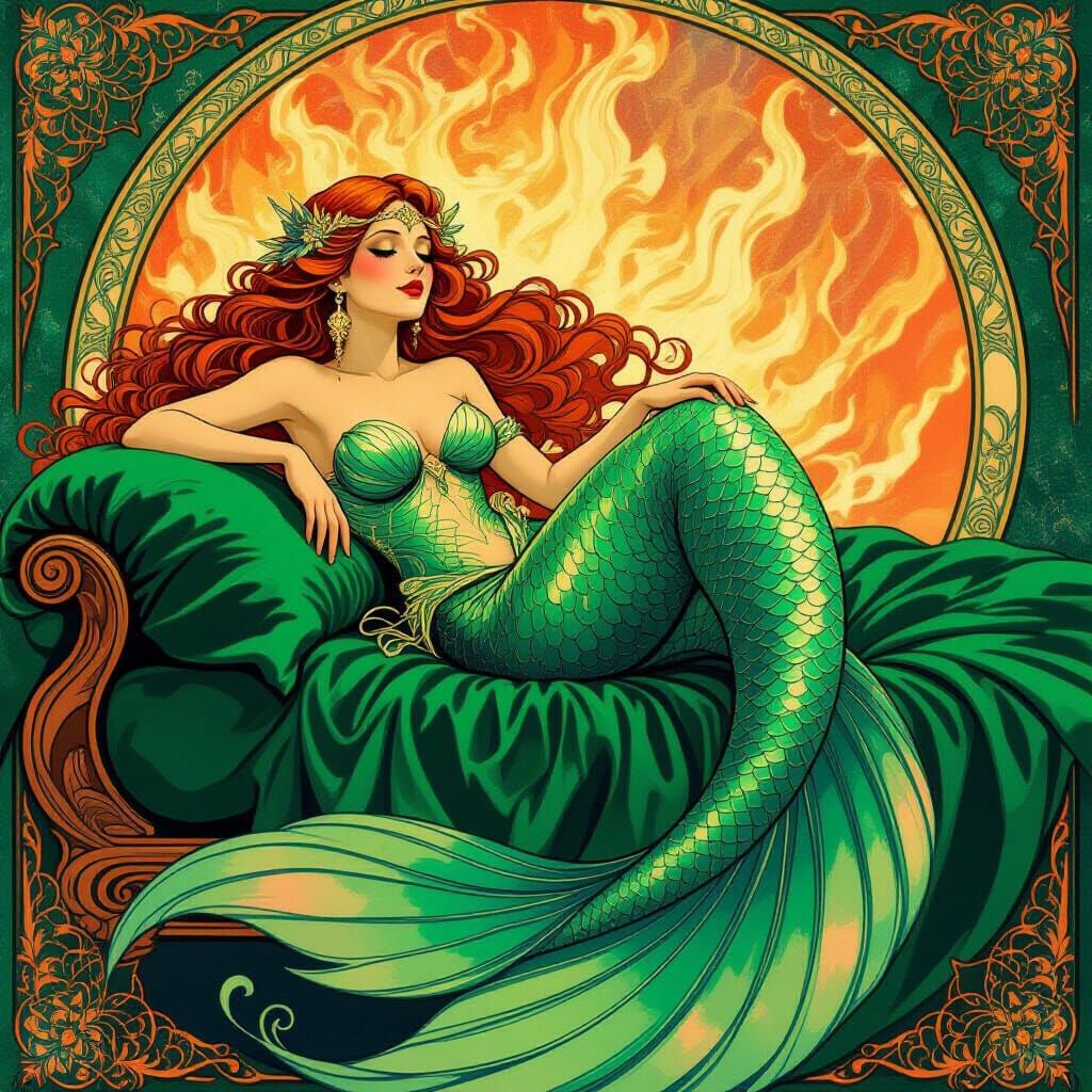 Mermaid on Emerald Couch with Fire Earrings