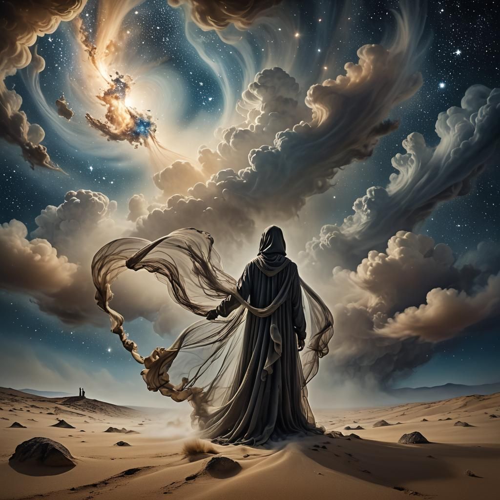 Mysterious Figure Unveils Starry Expanse in Surreal Style
