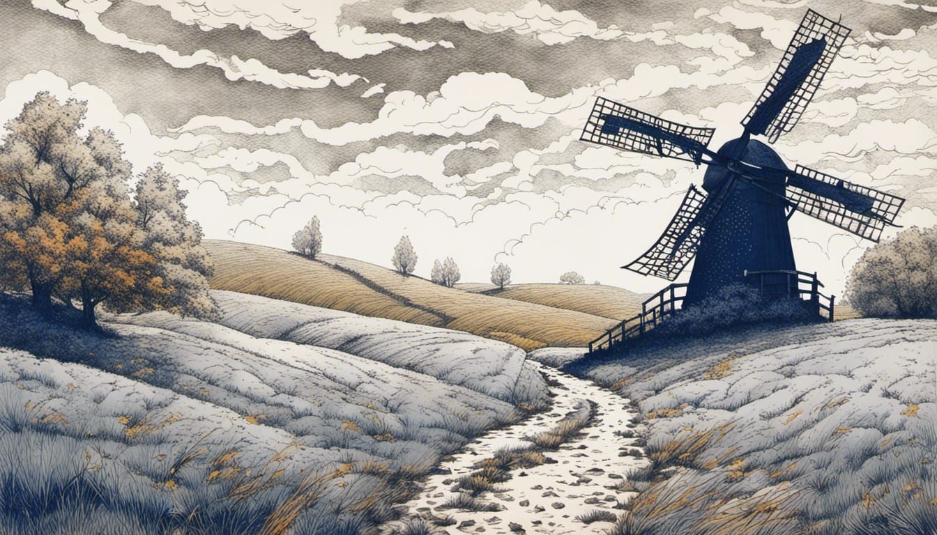 Autumn Windmill: Blue Ink Drawing