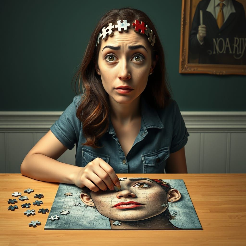 Woman Puzzled by Puzzles in Escher-Inspired Surrealism