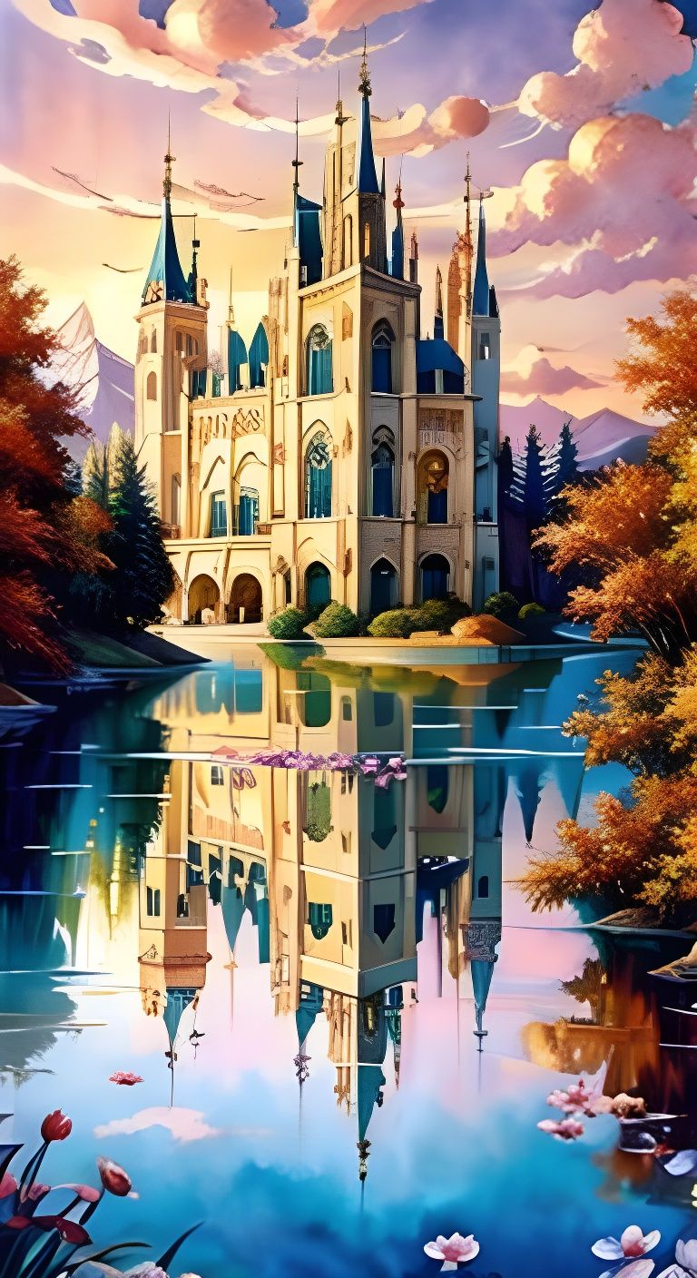Waterhouse Style Cathedral Reflection in Vaporwave Colors