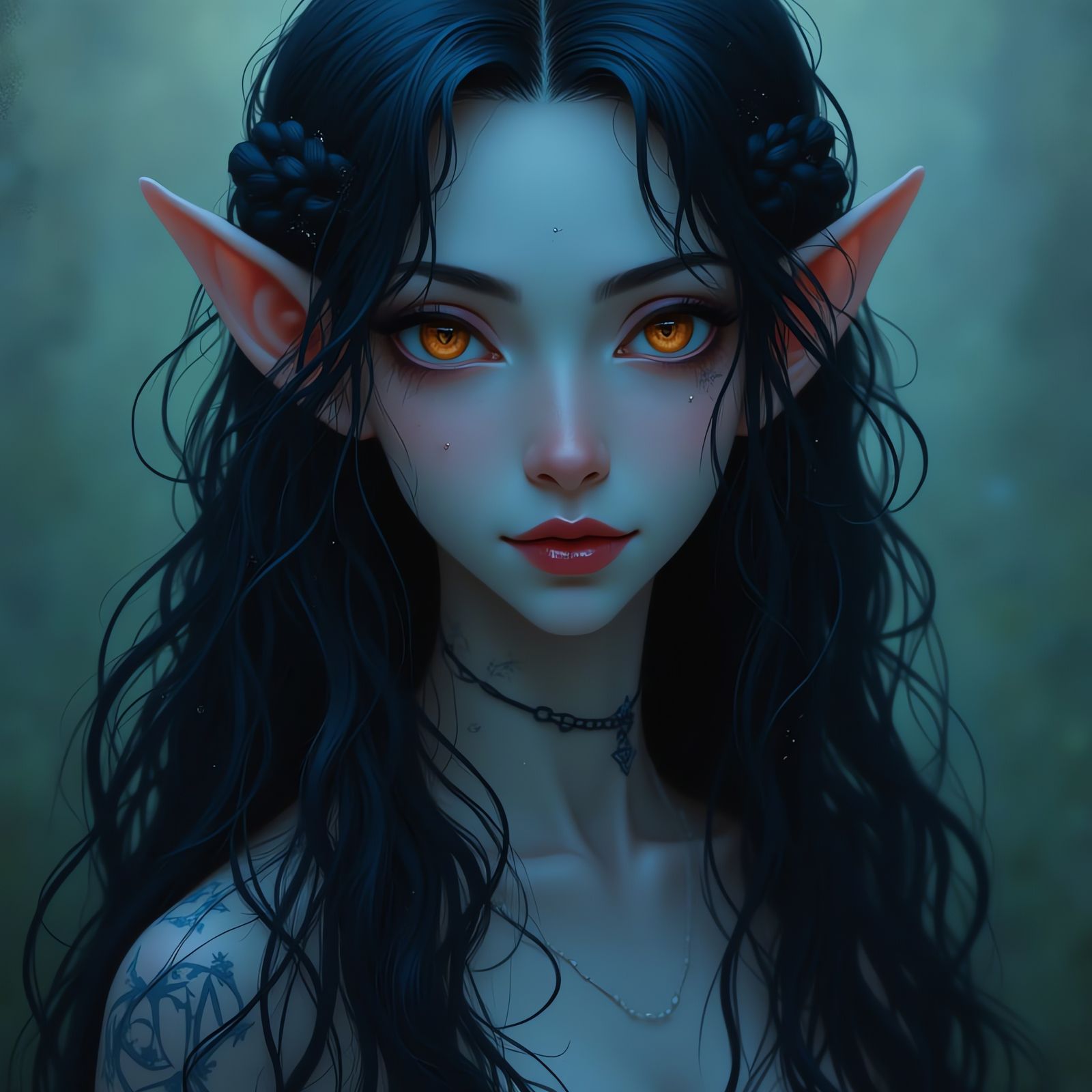 Sensuous Blue Skinned Goddess with Long Black Hair