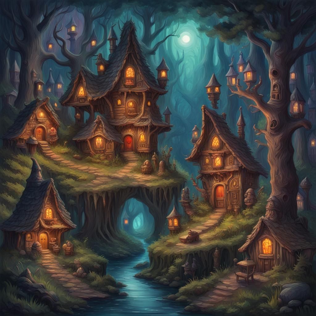 Haunted Gnome Village: Epic Impressionist Gouache Painting