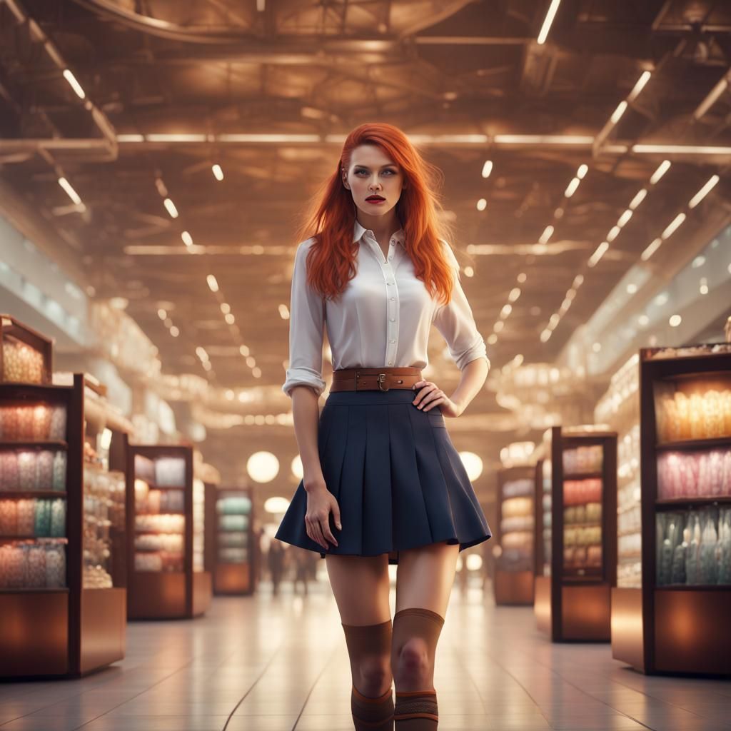 Woman in Miniskirt in Shopping Center, Detailed Matte Painti...