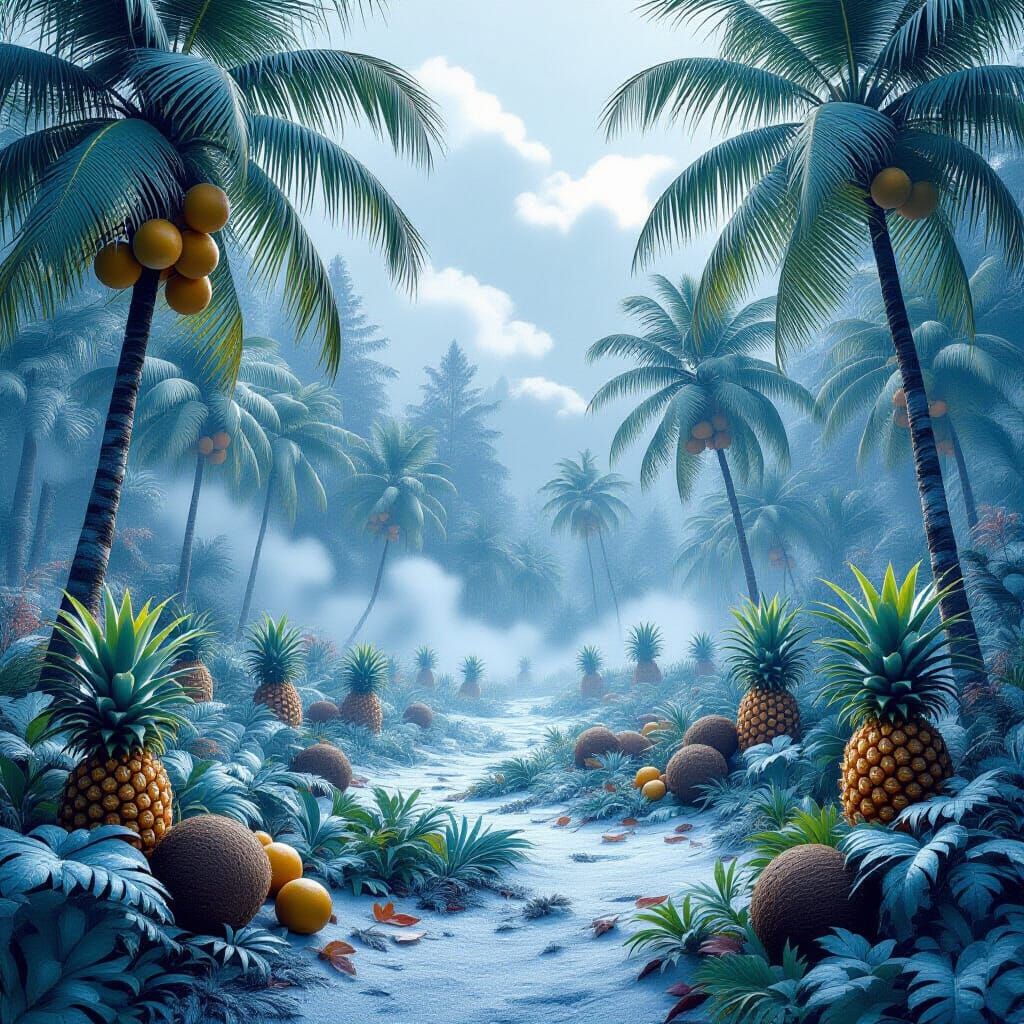 Frosty Forest Scene with Tropical Elements