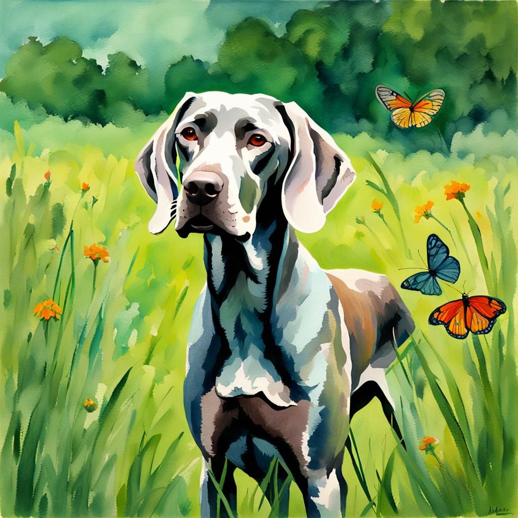 Weimaraner with Butterfly: Gouache Impressionist Masterpiece