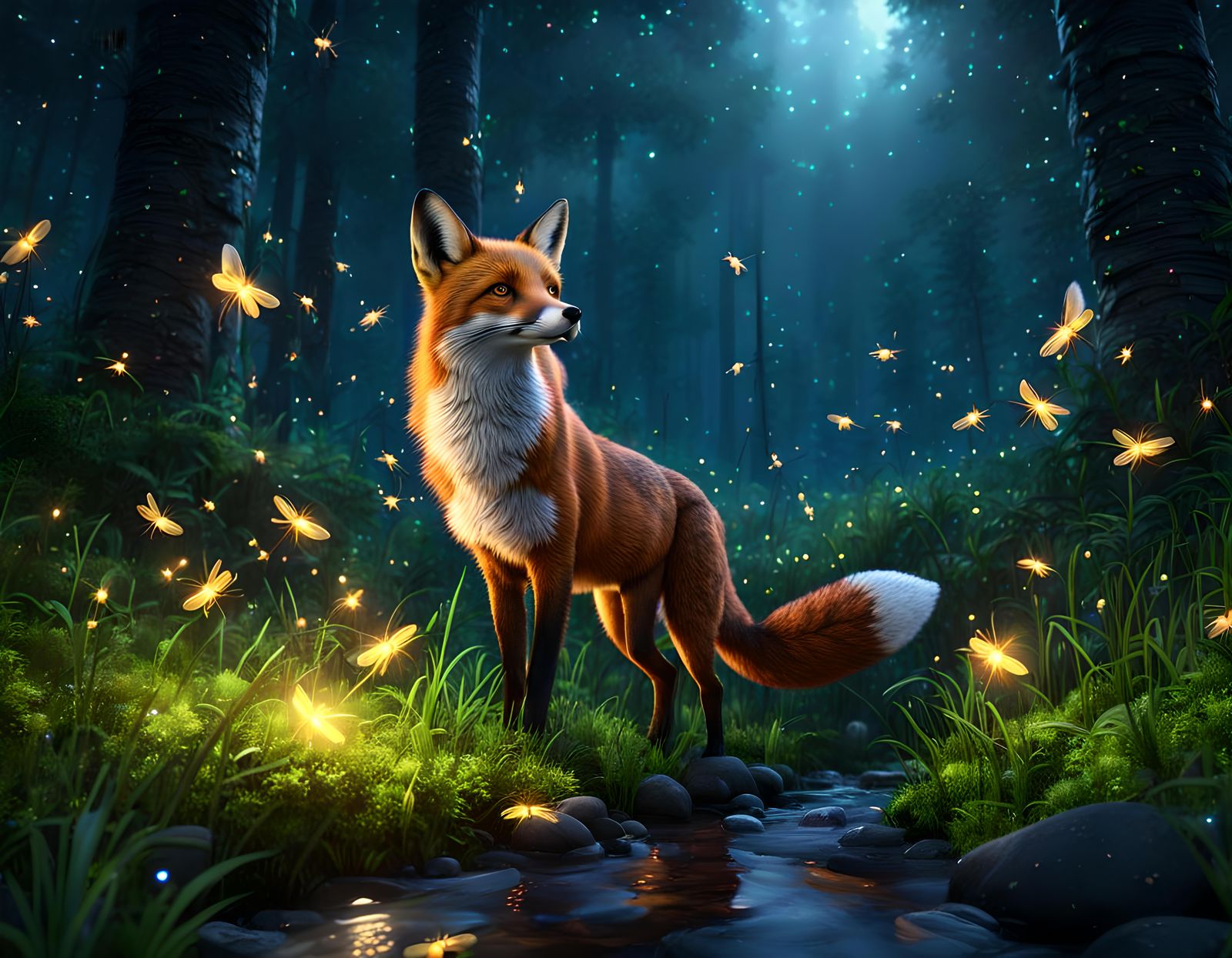Fox and Fireflies in Twilight Forest