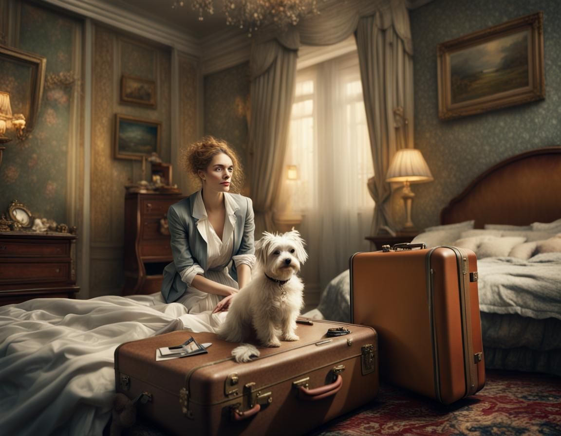 Woman Searches Suitcase in Hotel, Impressionist Style