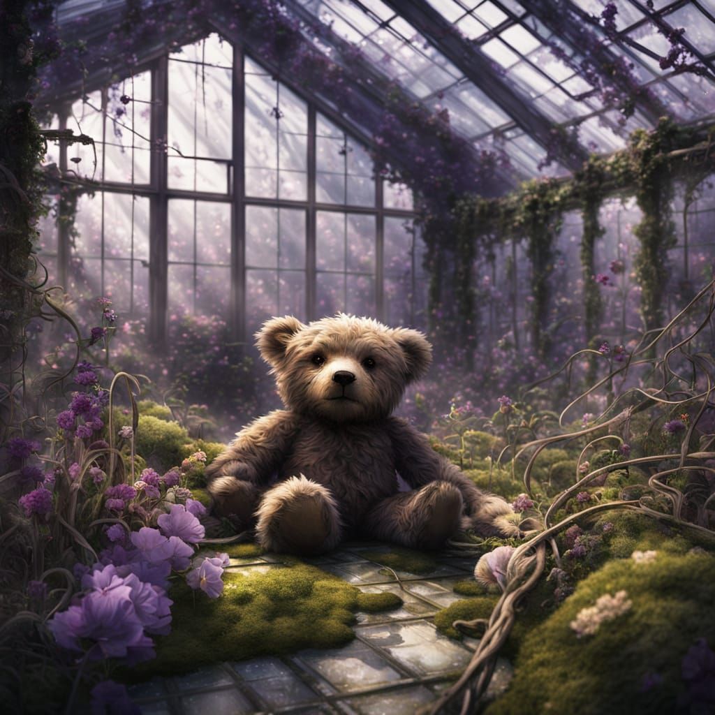 Teddy Bear and Purple Wizard in Overgrown Greenhouse