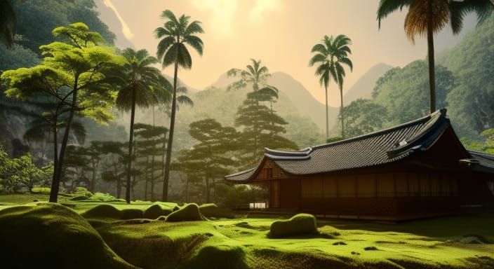 Old japanese architecture ancient hut in a valley near lake, surrounded by palm trees, blue sky, golden hour, dreamy, hi...