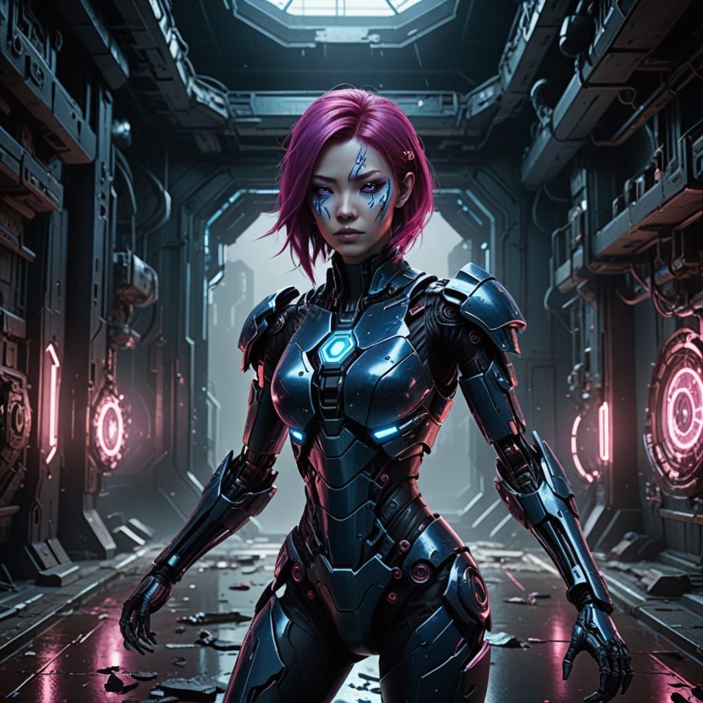 Cyberpunk Warrior in Shattered Glass Armor Standing Guard Ov...