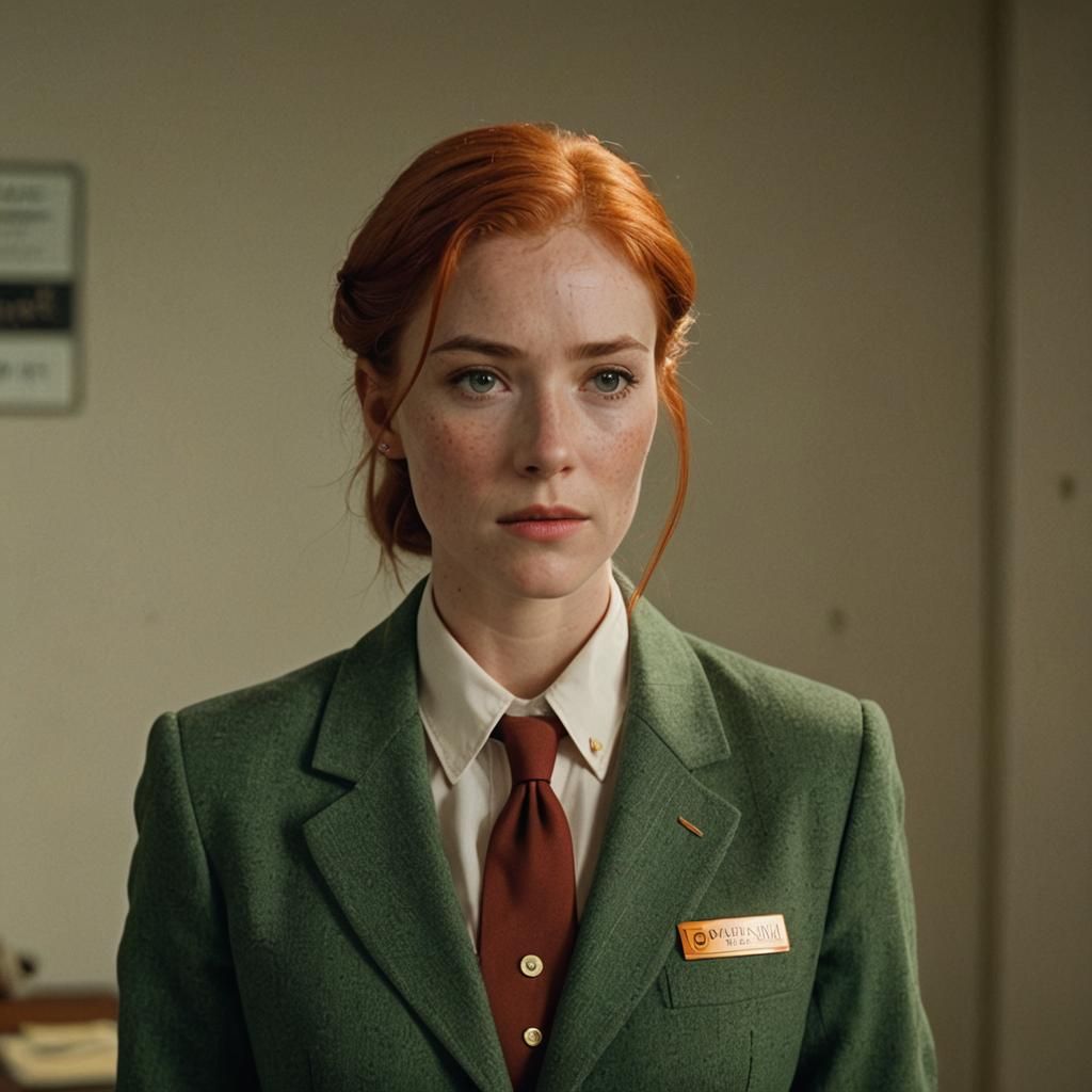 Secretary with Freckles and Red Hair in Cinematic Style