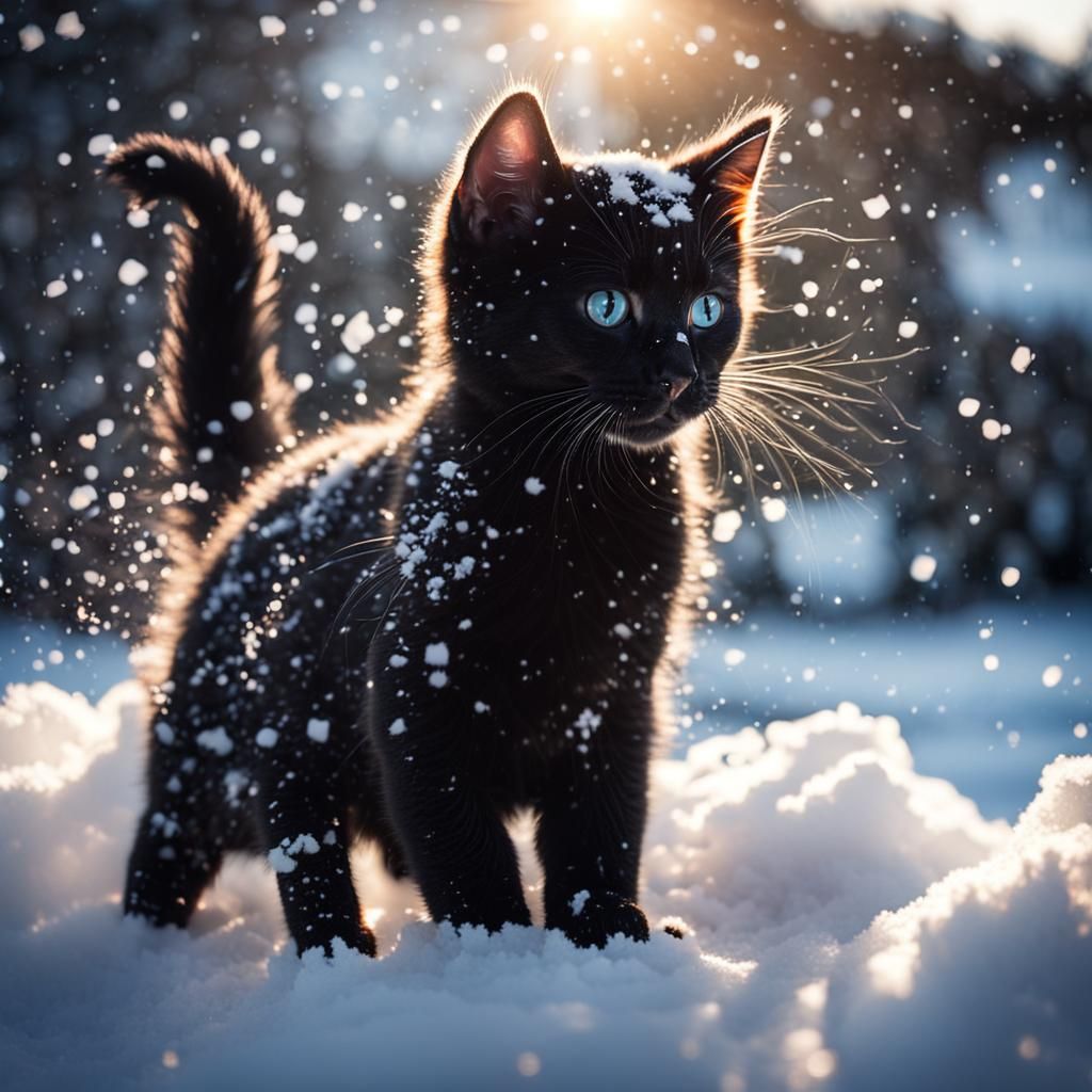 Adorable Black Kitten's Snowy Playtime