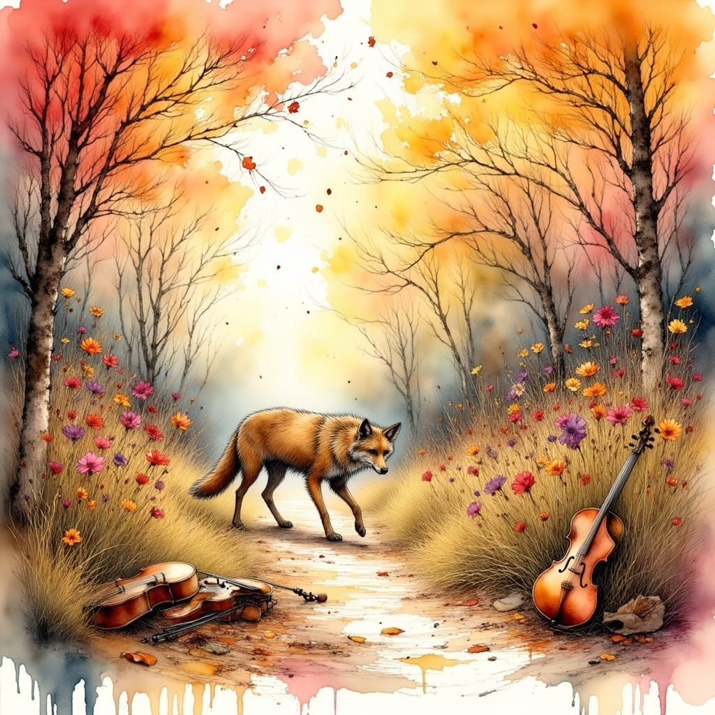 Coyote in Autumn Woodland with Wildflowers and Instruments