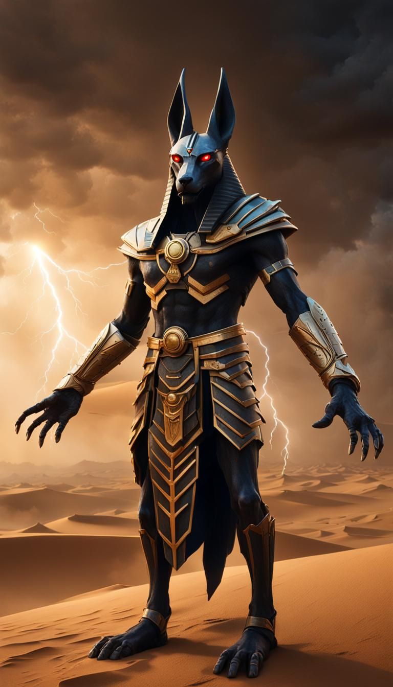Demonic Anubis God Emerges in Desert Storm