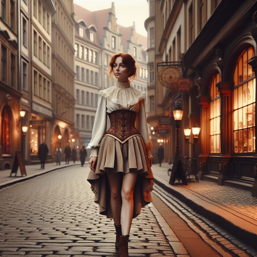 Steampunk Woman Strolling Down Victorian Street
